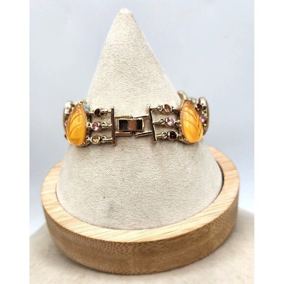 Honey Colored Cabochon Bracelet - Leaf Motif With Rhinestone Accents - Picture 5 of 5